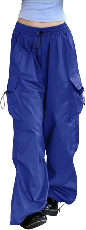 Metallic Shiny Parachute Pants for Women Drawstring Baggy Cargo Pants Jogger Straight Leg Parachute Pants Y2k Pants
