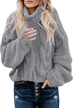 Miyaomn Trendy Cable Knit Chunky Sweater for Women Oversized Loose Turtleneck Long Sleeve Winter Fall Warm Cozy Pullover Tops(Grey,X-Small)