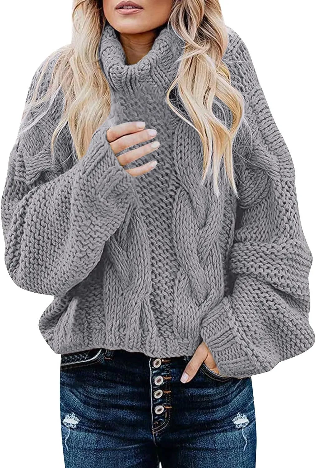 Miyaomn Trendy Cable Knit Chunky Sweater for Women Oversized Loose Turtleneck Long Sleeve Winter Fall Warm Cozy Pullover Tops(Grey,X-Small)