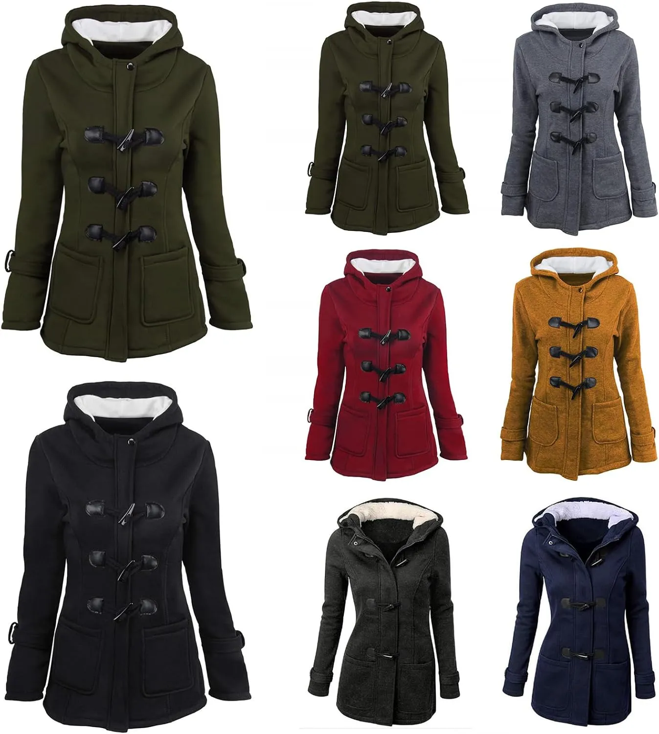 Mmoneyake Womens Fuzzy Fleece Pea Coat Classic Horn Buttons Zipper Hooded Jacket Winter Warm Long Sleeve Outerwear Tops
