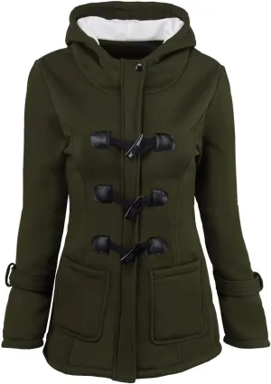 Mmoneyake Womens Fuzzy Fleece Pea Coat Classic Horn Buttons Zipper Hooded Jacket Winter Warm Long Sleeve Outerwear Tops