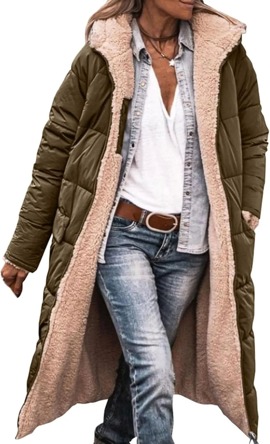 Mmoneyake Womens Reversible Sherpa Fleece Puffer Jackets Warm Winter Coats Zip Up Fall Long Hooded Outerwear Fashion Overcoat