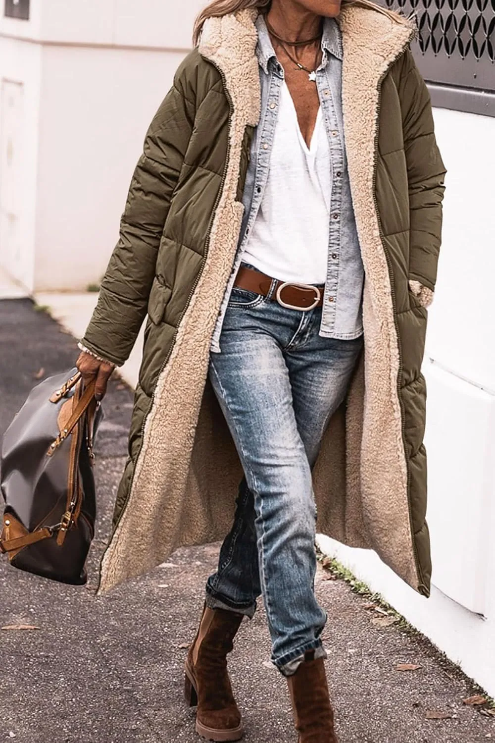 Mmoneyake Womens Reversible Sherpa Fleece Puffer Jackets Warm Winter Coats Zip Up Fall Long Hooded Outerwear Fashion Overcoat