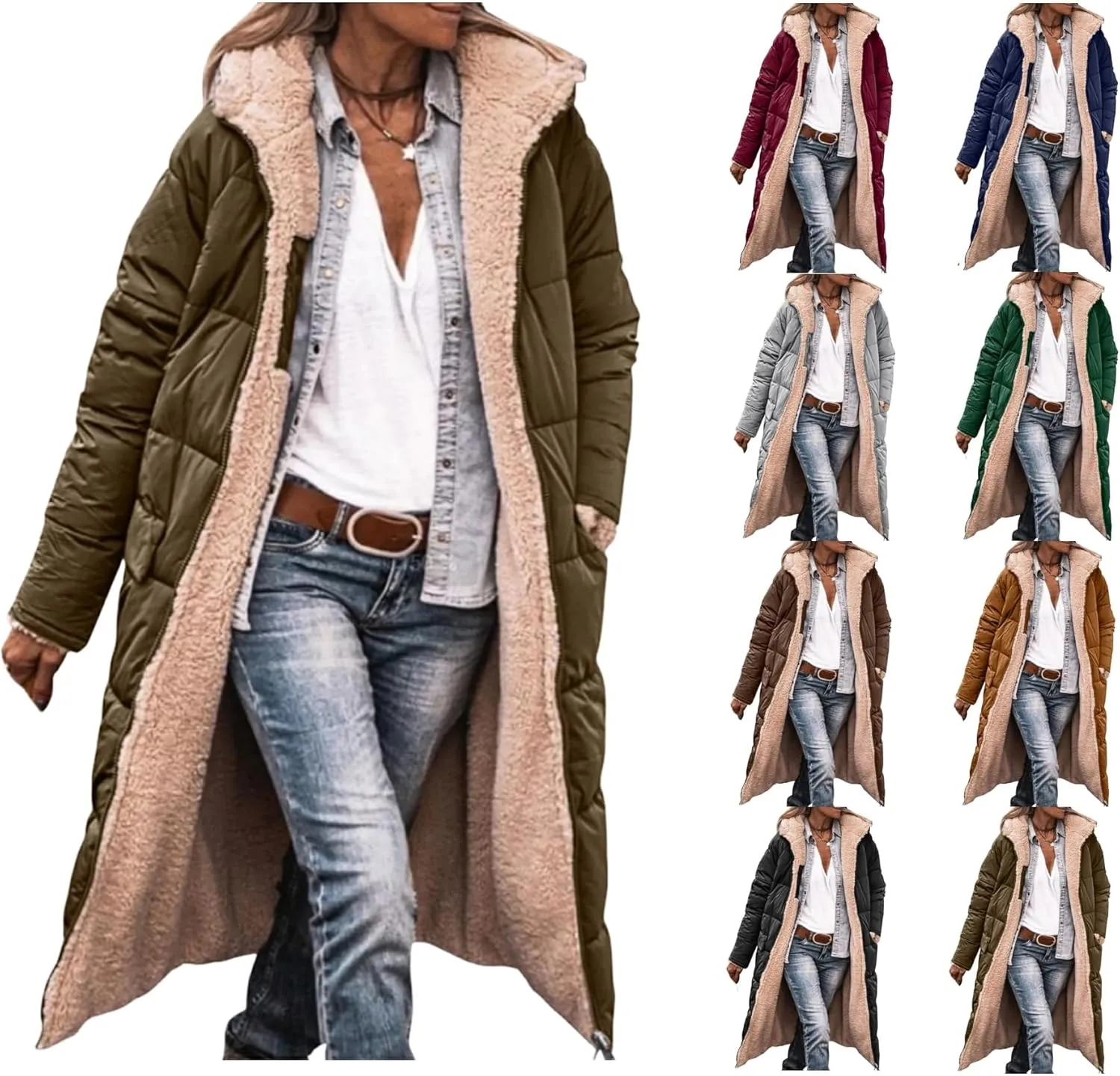 Mmoneyake Womens Reversible Sherpa Fleece Puffer Jackets Warm Winter Coats Zip Up Fall Long Hooded Outerwear Fashion Overcoat