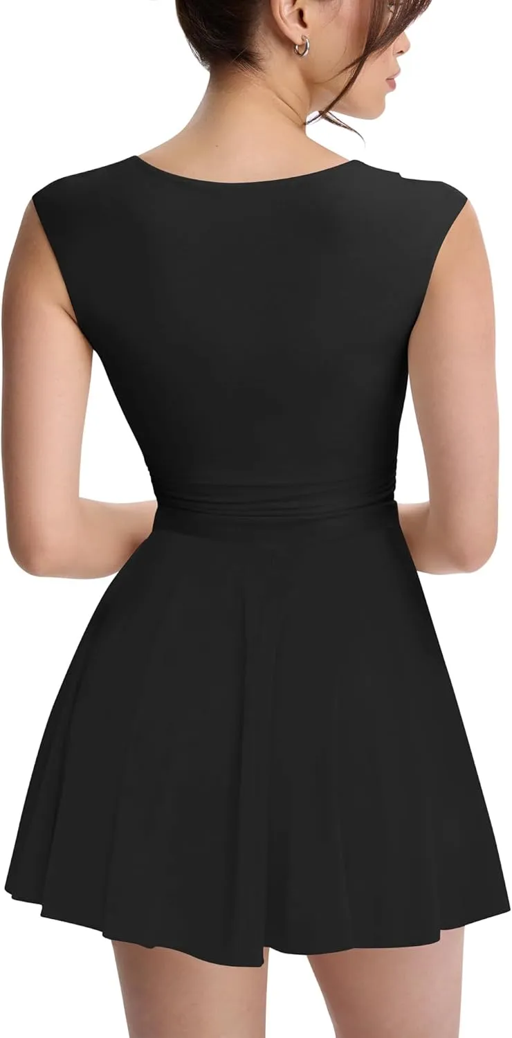 Mokoru Women's Sexy V Neck Sleeveless Bodycon Ruffle Hem Mini Club Party Short Dresses