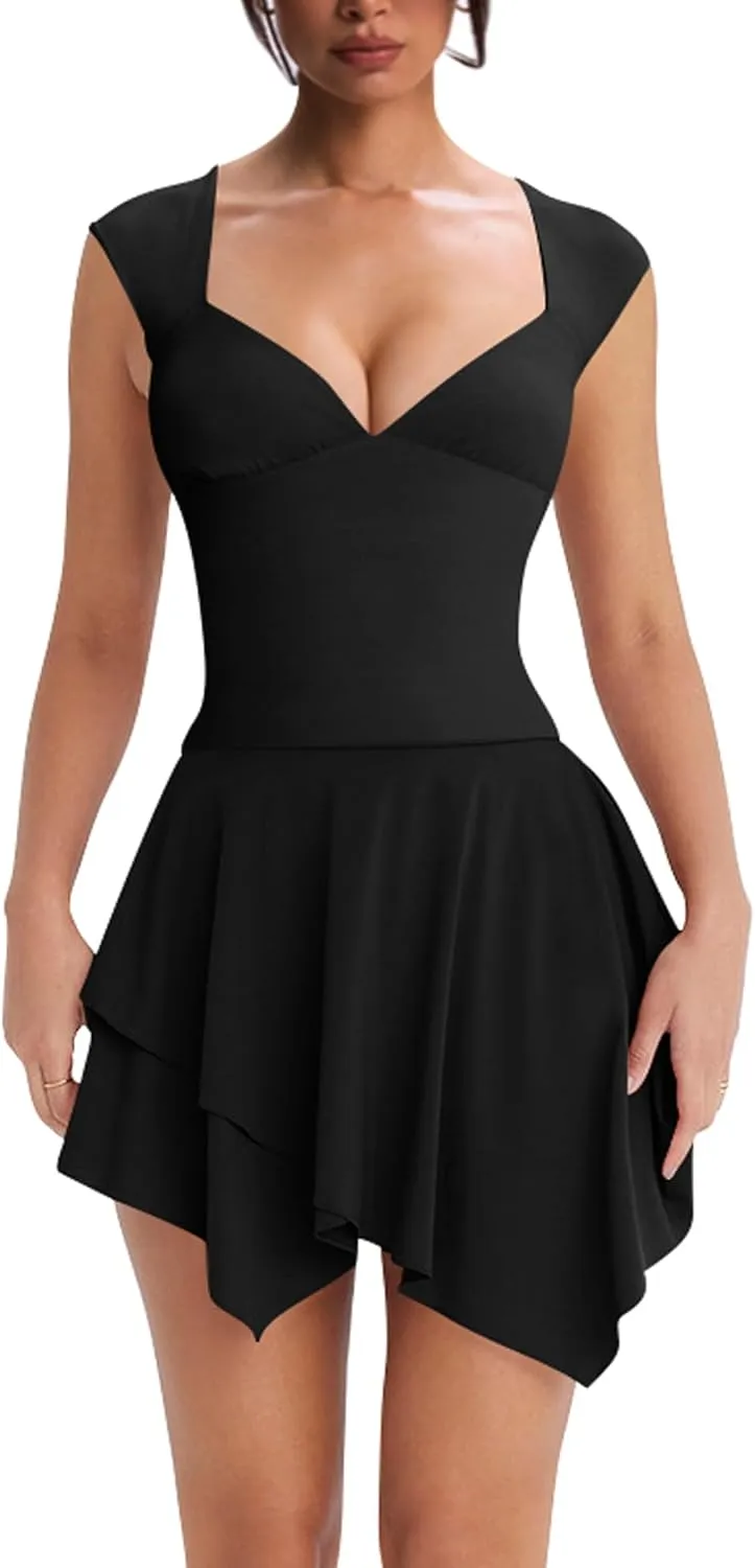 Mokoru Women's Sexy V Neck Sleeveless Bodycon Ruffle Hem Mini Club Party Short Dresses