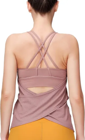 MotoRun Women's Workout Tank Tops Built in Bra Strappy Athletic Yoga Top Open Back Athletic Flowy Shirts Activewear for Women