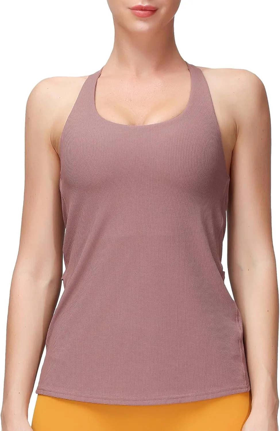 MotoRun Women's Workout Tank Tops Built in Bra Strappy Athletic Yoga Top Open Back Athletic Flowy Shirts Activewear for Women