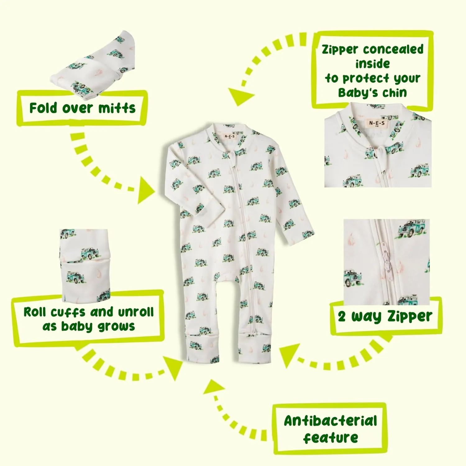 N-E-S 100% Organic Cotton Baby Girls and Boys Convertible Footie Twoway Front Zip Mitten Cuffs Feet Onepiece Bodysuit Overall