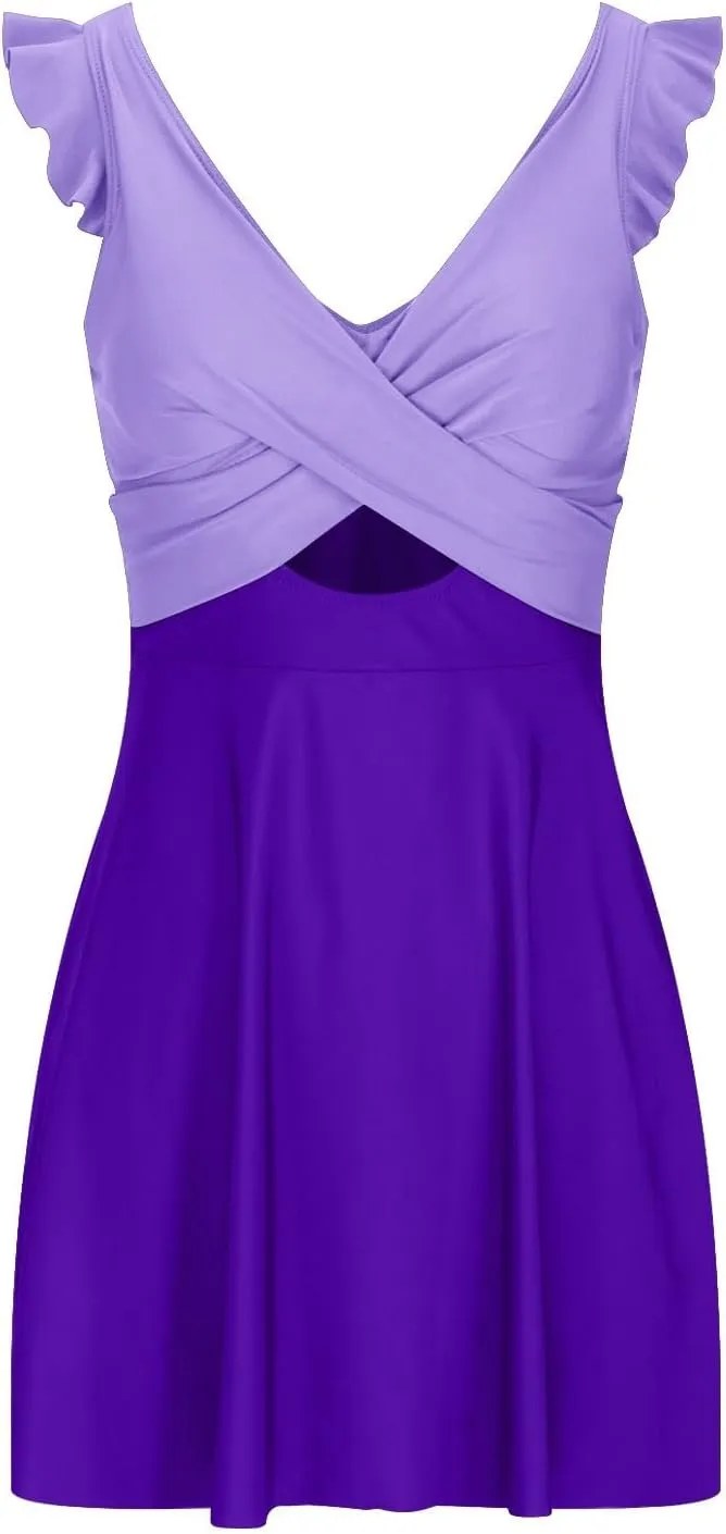 One Piece Swimdress Swimsuits for Women Modest Ruffled Keyhole Swimwear Tummy Control Swim Dresses Skirt Bathing Suit