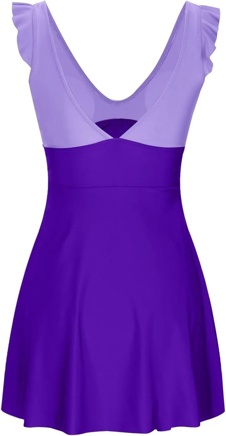One Piece Swimdress Swimsuits for Women Modest Ruffled Keyhole Swimwear Tummy Control Swim Dresses Skirt Bathing Suit