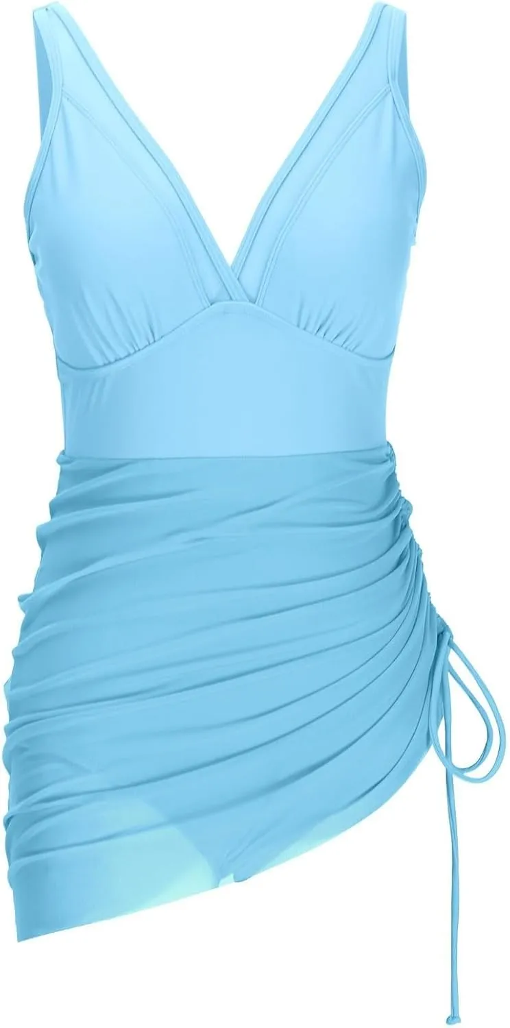 One Piece Swimsuit Women Sexy Tummy Control Swimsuits Slimming Mesh Sheer Sarong Wraps Bathing Swim Dress Suit 2025