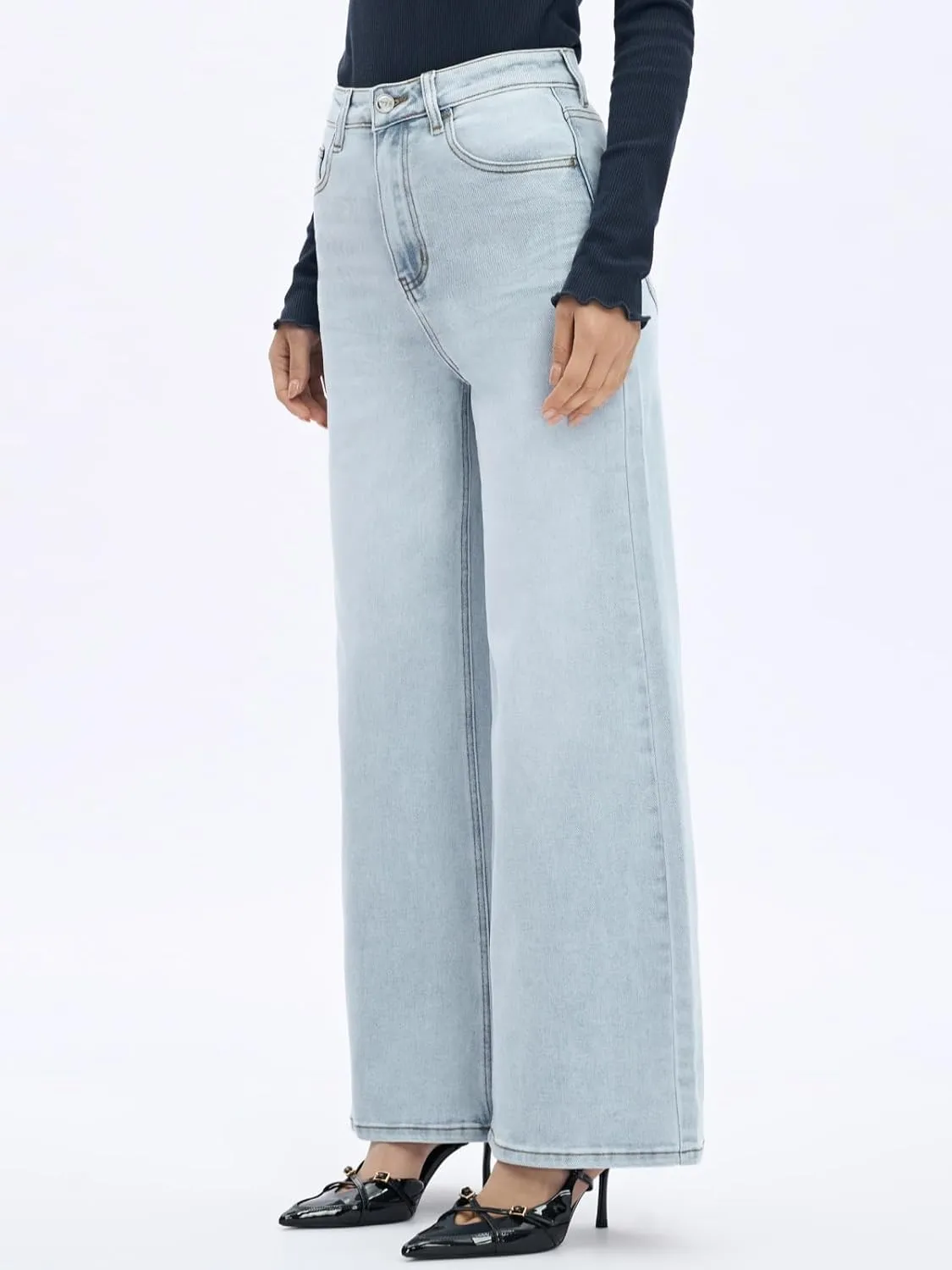 ONESO High Waisted Stretchy Women Wide Leg Jeans Buckle Baggy Pants Underwear Lady Trouser