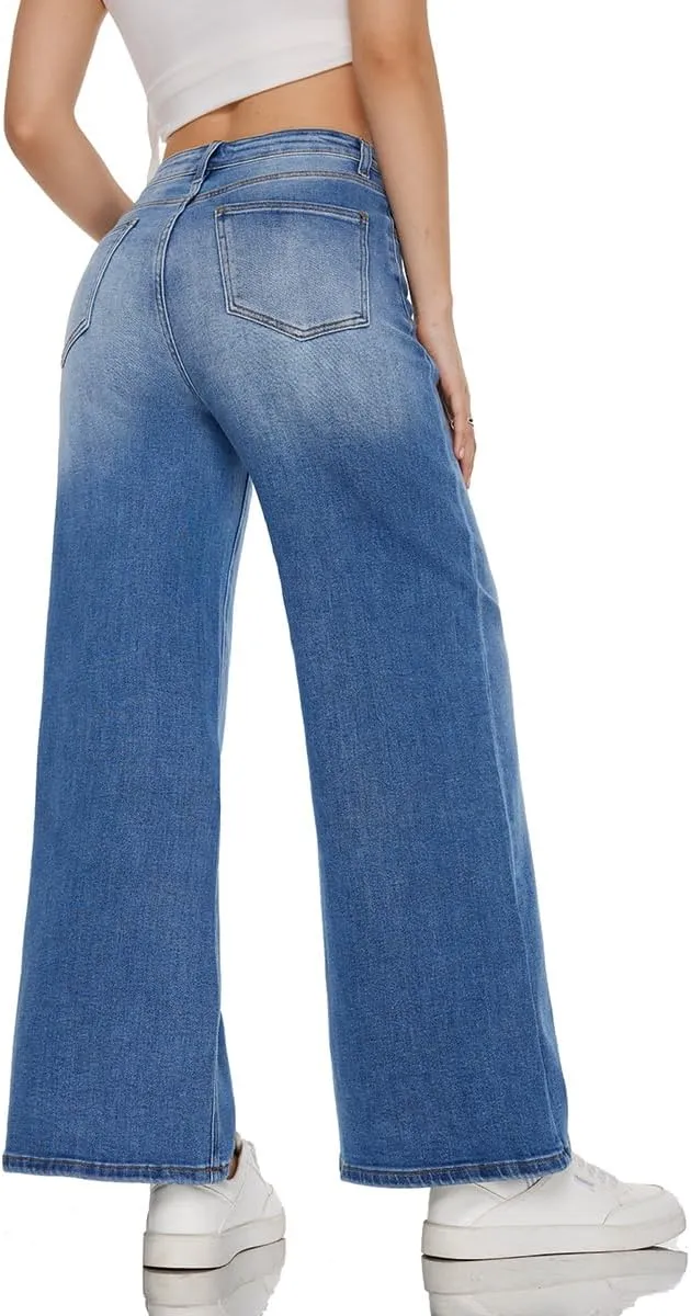 ONESO High Waisted Stretchy Women Wide Leg Jeans Buckle Baggy Pants Underwear Lady Trouser