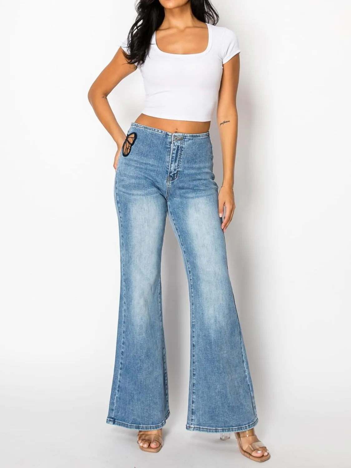 ONESO High Waisted Stretchy Women Wide Leg Jeans Buckle Baggy Pants Underwear Lady Trouser