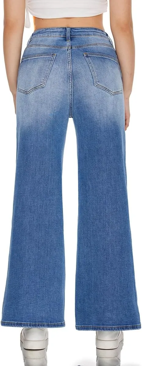 ONESO High Waisted Stretchy Women Wide Leg Jeans Buckle Baggy Pants Underwear Lady Trouser