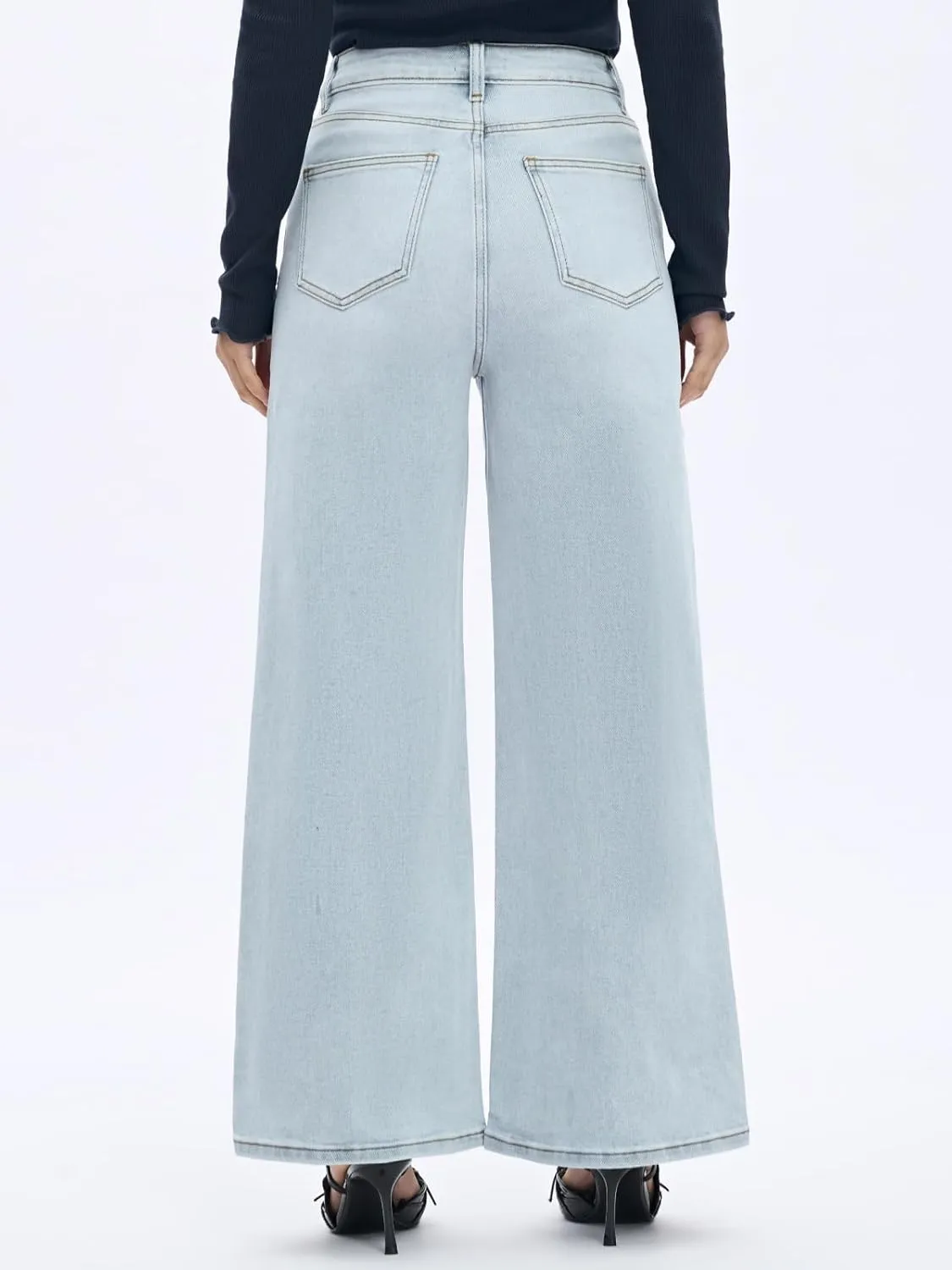 ONESO High Waisted Stretchy Women Wide Leg Jeans Buckle Baggy Pants Underwear Lady Trouser
