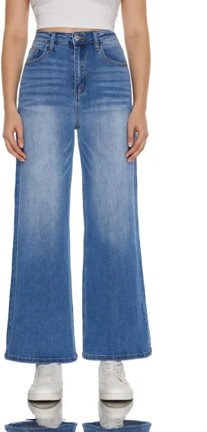 ONESO High Waisted Stretchy Women Wide Leg Jeans Buckle Baggy Pants Underwear Lady Trouser