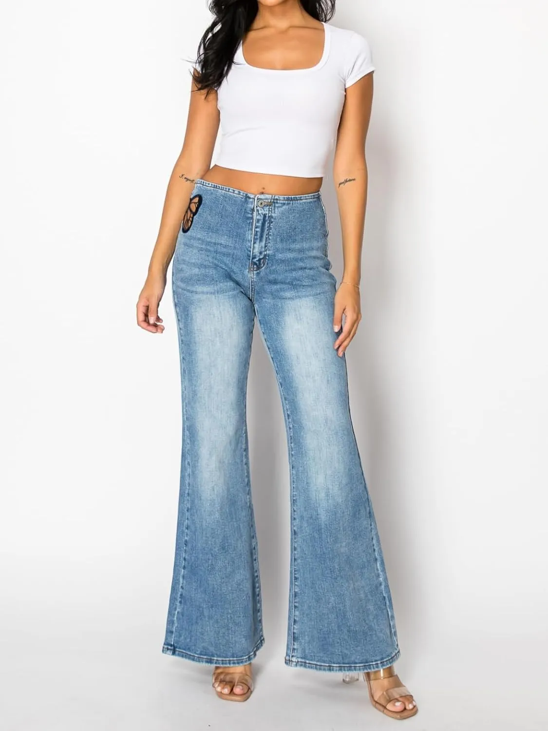ONESO High Waisted Stretchy Women Wide Leg Jeans Buckle Baggy Pants Underwear Lady Trouser