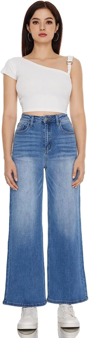 ONESO High Waisted Stretchy Women Wide Leg Jeans Buckle Baggy Pants Underwear Lady Trouser