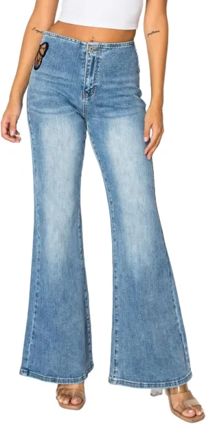 ONESO High Waisted Stretchy Women Wide Leg Jeans Buckle Baggy Pants Underwear Lady Trouser