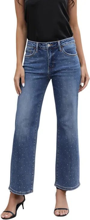 ONESO High Waisted Stretchy Women Wide Leg Jeans Buckle Baggy Pants Underwear Lady Trouser