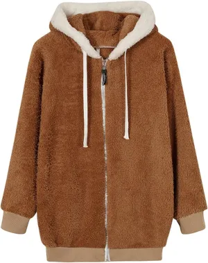 Oversize Coats for Women Fleece Sherpa Jacket Pure Color Hooded Coat for Women Zip Up Jackets with Pocket Winter Top