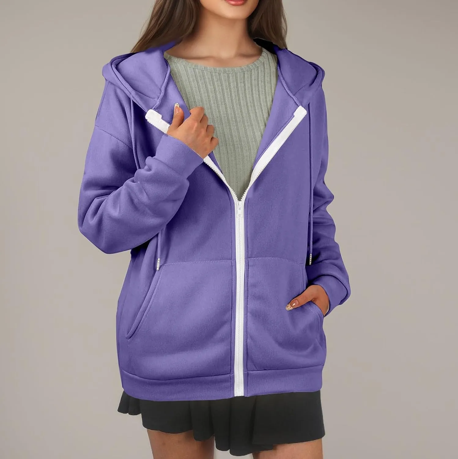 Oversized Hoodies for Women Zip Up Lightweight Long Sleeve Jackets Drawstring Y2K Sweatshirt Kangaroo Pocket