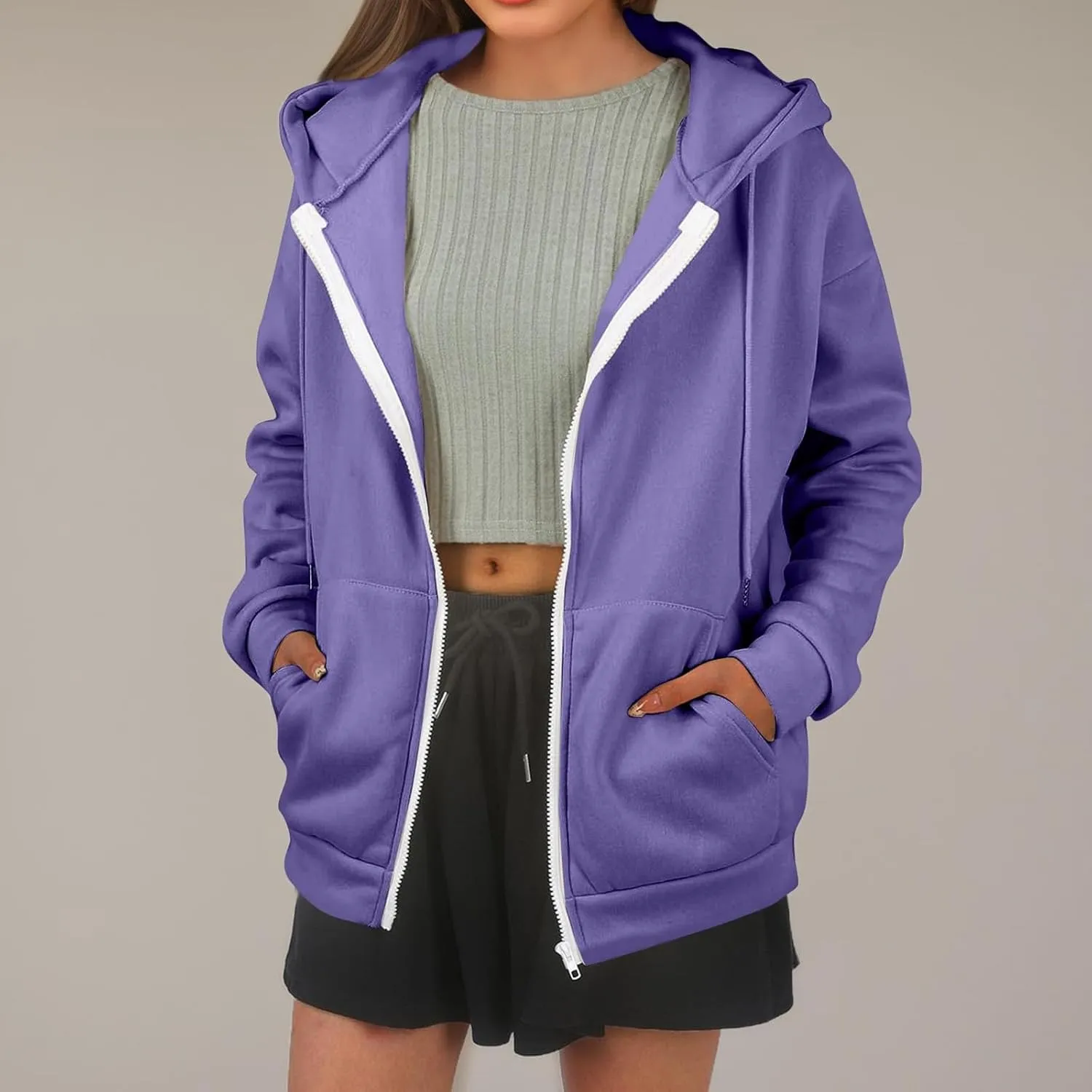 Oversized Hoodies for Women Zip Up Lightweight Long Sleeve Jackets Drawstring Y2K Sweatshirt Kangaroo Pocket