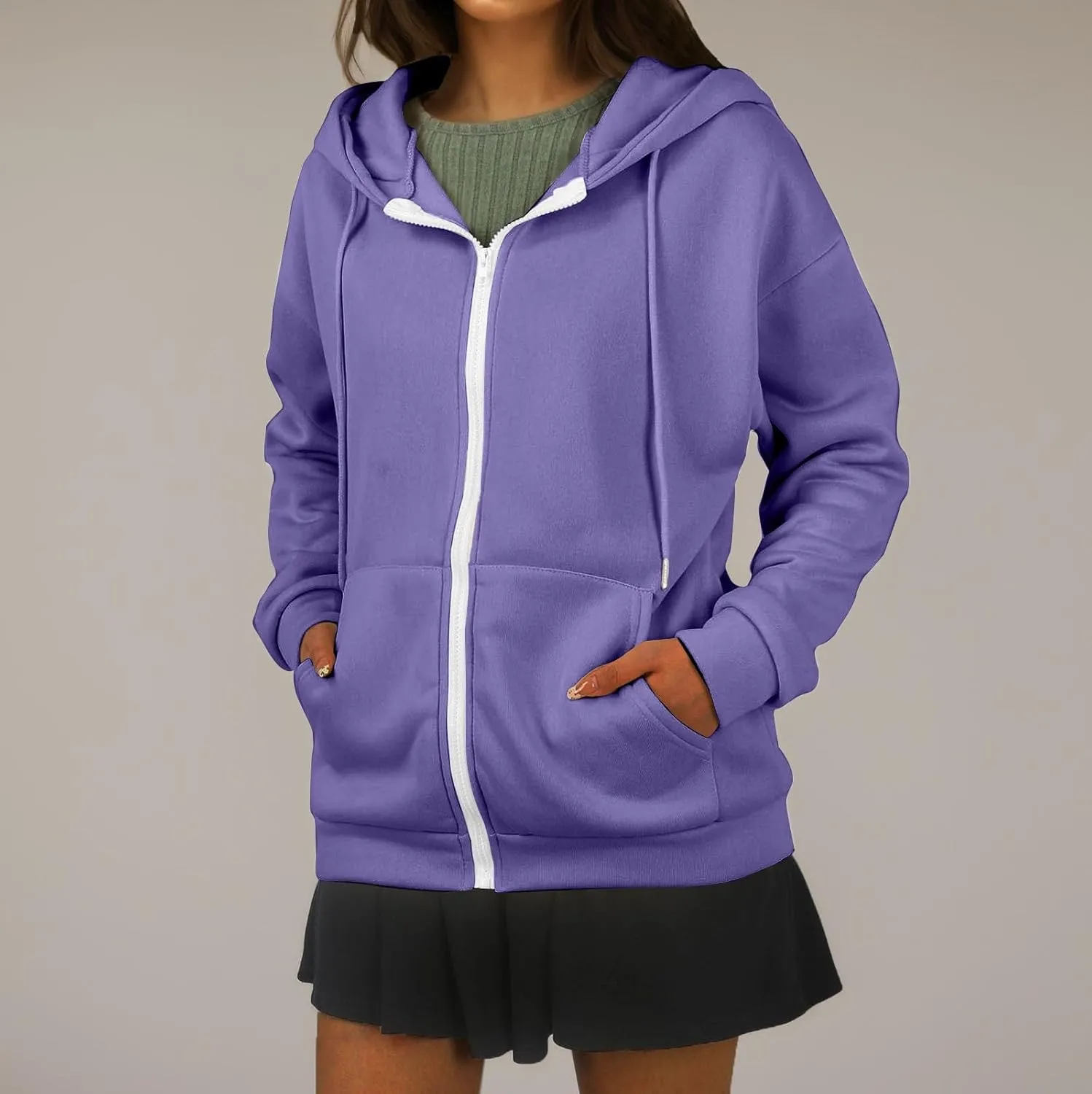 Oversized Hoodies for Women Zip Up Lightweight Long Sleeve Jackets Drawstring Y2K Sweatshirt Kangaroo Pocket