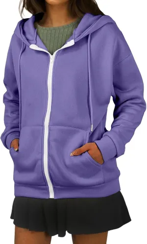 Oversized Hoodies for Women Zip Up Lightweight Long Sleeve Jackets Drawstring Y2K Sweatshirt Kangaroo Pocket