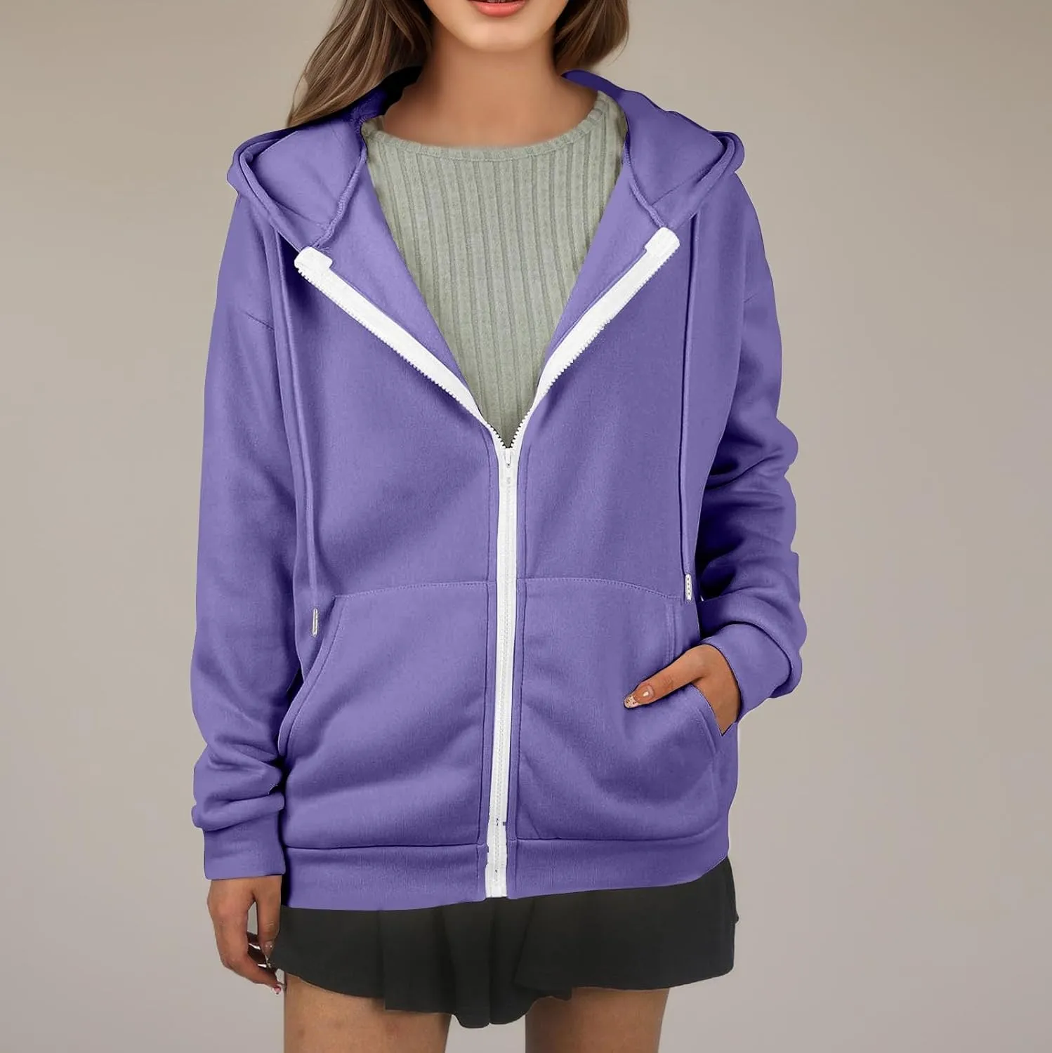 Oversized Hoodies for Women Zip Up Lightweight Long Sleeve Jackets Drawstring Y2K Sweatshirt Kangaroo Pocket