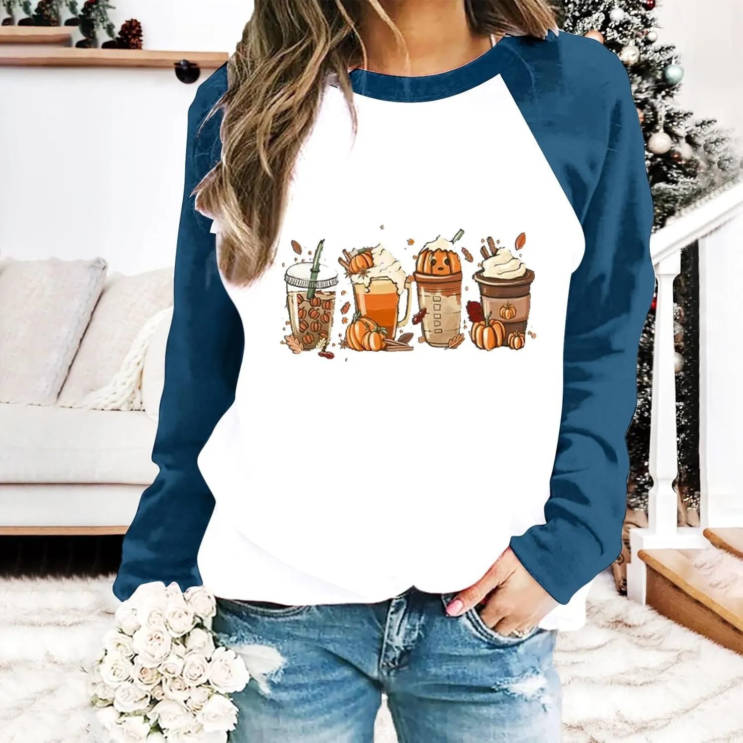 Oversized Sweatshirt for Women Halloween Graphic Cute T Shirts Long Sleeve Crew Neck Color Block Loose Casual Tops