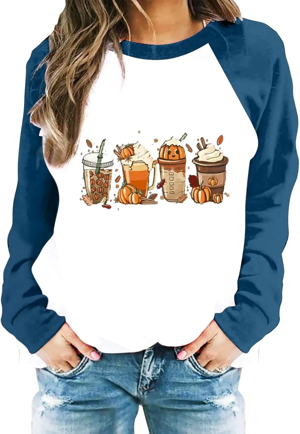 Oversized Sweatshirt for Women Halloween Graphic Cute T Shirts Long Sleeve Crew Neck Color Block Loose Casual Tops