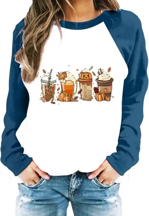 Oversized Sweatshirt for Women Halloween Graphic Cute T Shirts Long Sleeve Crew Neck Color Block Loose Casual Tops