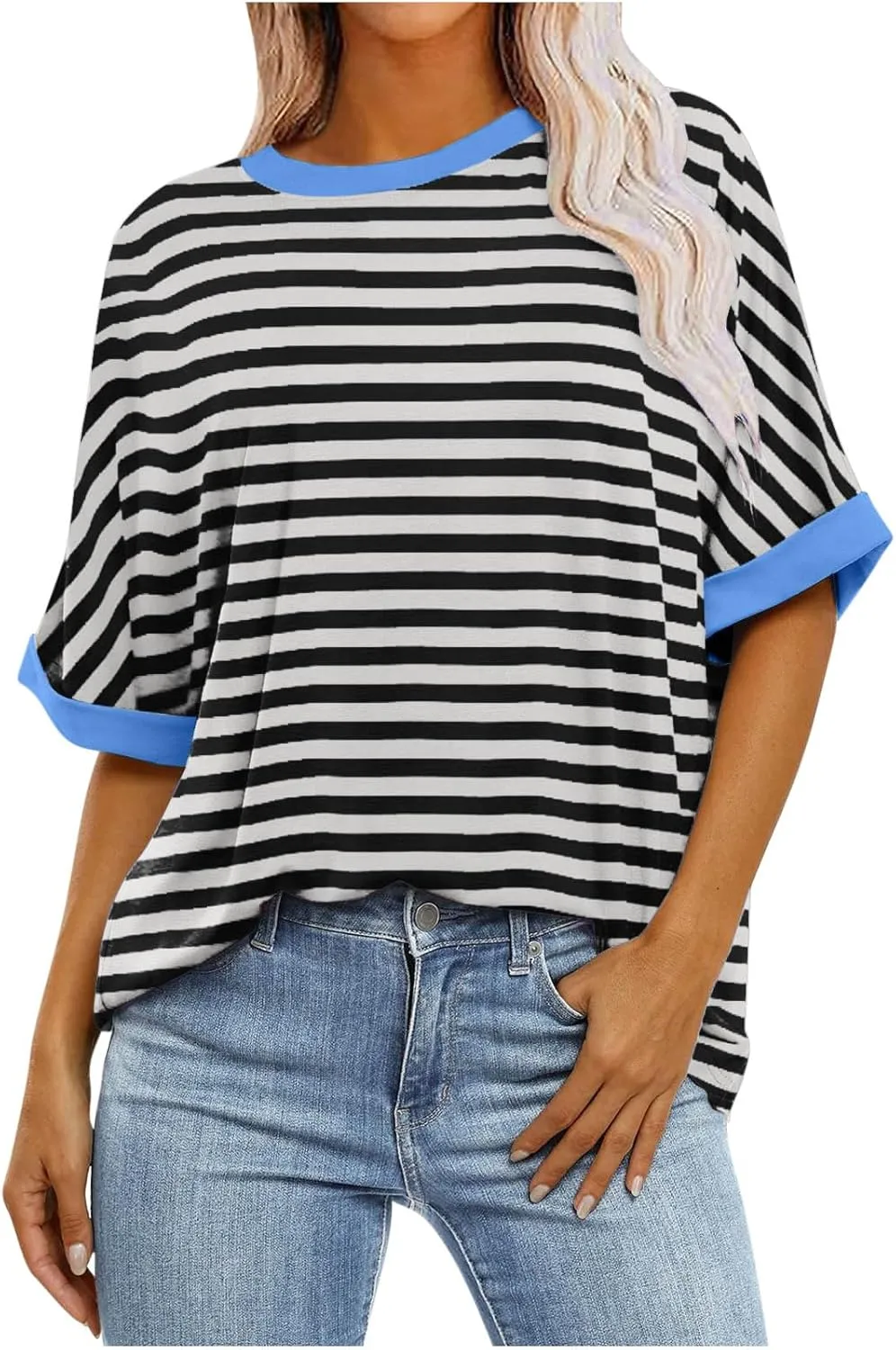 Oversized T Shirts for Women Short Sleeve Crewneck Summer Tops Casual Loose Striped Tee Shirts Trendy Clothes