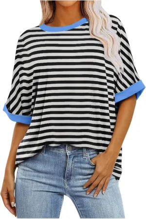 Oversized T Shirts for Women Short Sleeve Crewneck Summer Tops Casual Loose Striped Tee Shirts Trendy Clothes