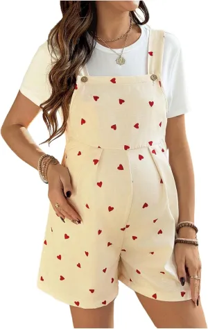 OYOANGLE Women's Maternity Heart Print Short Overalls Button Ruched Romper Pregnancy Short Jumpsuits