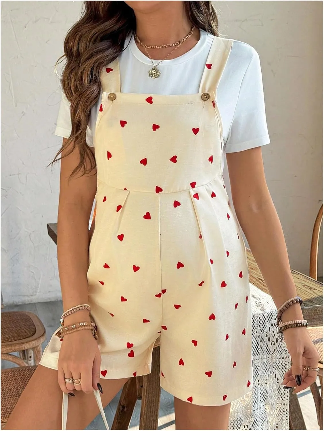 OYOANGLE Women's Maternity Heart Print Short Overalls Button Ruched Romper Pregnancy Short Jumpsuits