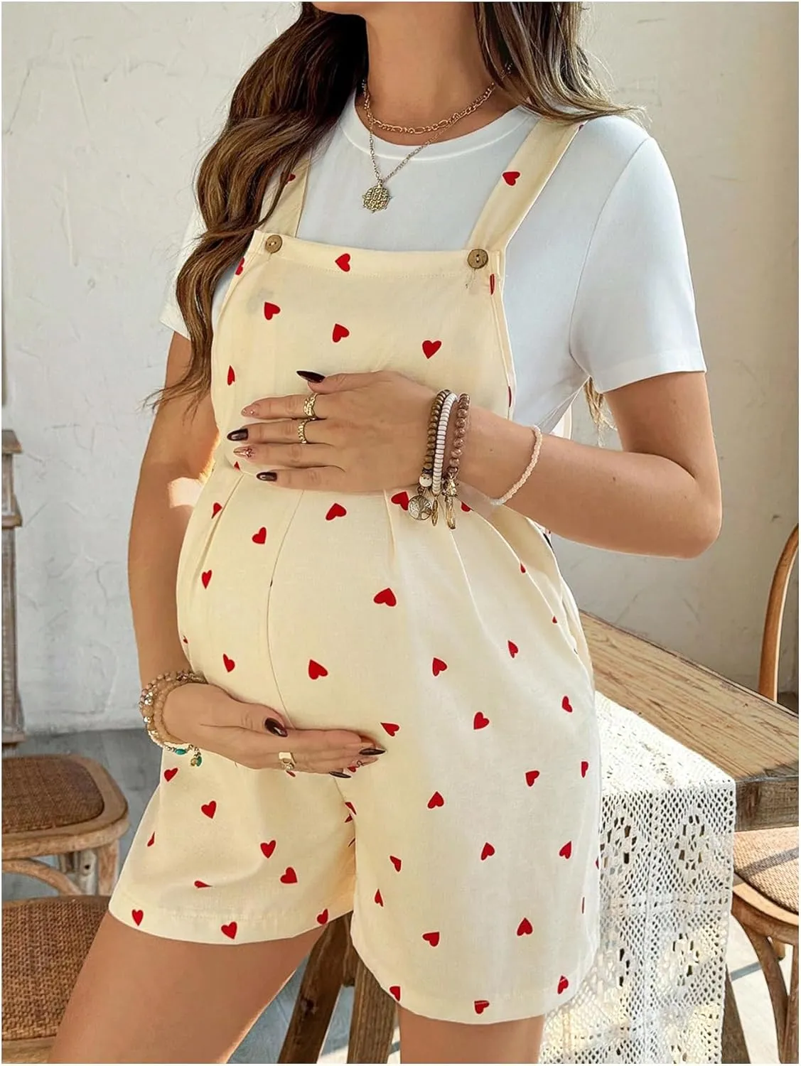 OYOANGLE Women's Maternity Heart Print Short Overalls Button Ruched Romper Pregnancy Short Jumpsuits