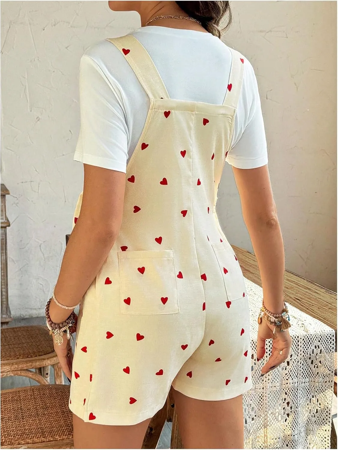 OYOANGLE Women's Maternity Heart Print Short Overalls Button Ruched Romper Pregnancy Short Jumpsuits