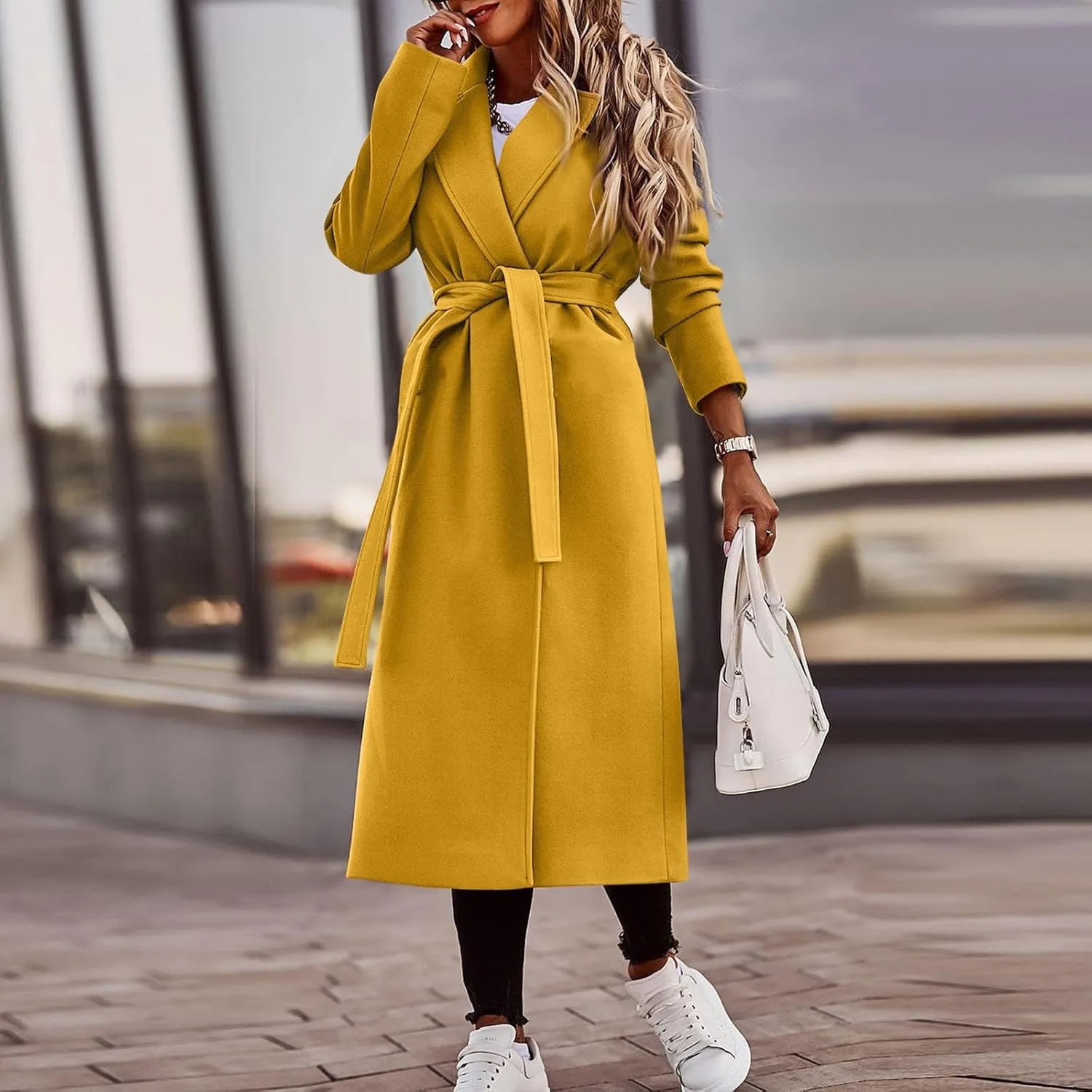 PETYCZEN Women's Trench Coats Notched Lapel Collar Wool Blend Winter Coats Casual Mid Length Pea Coats Long Jackets Overcoat