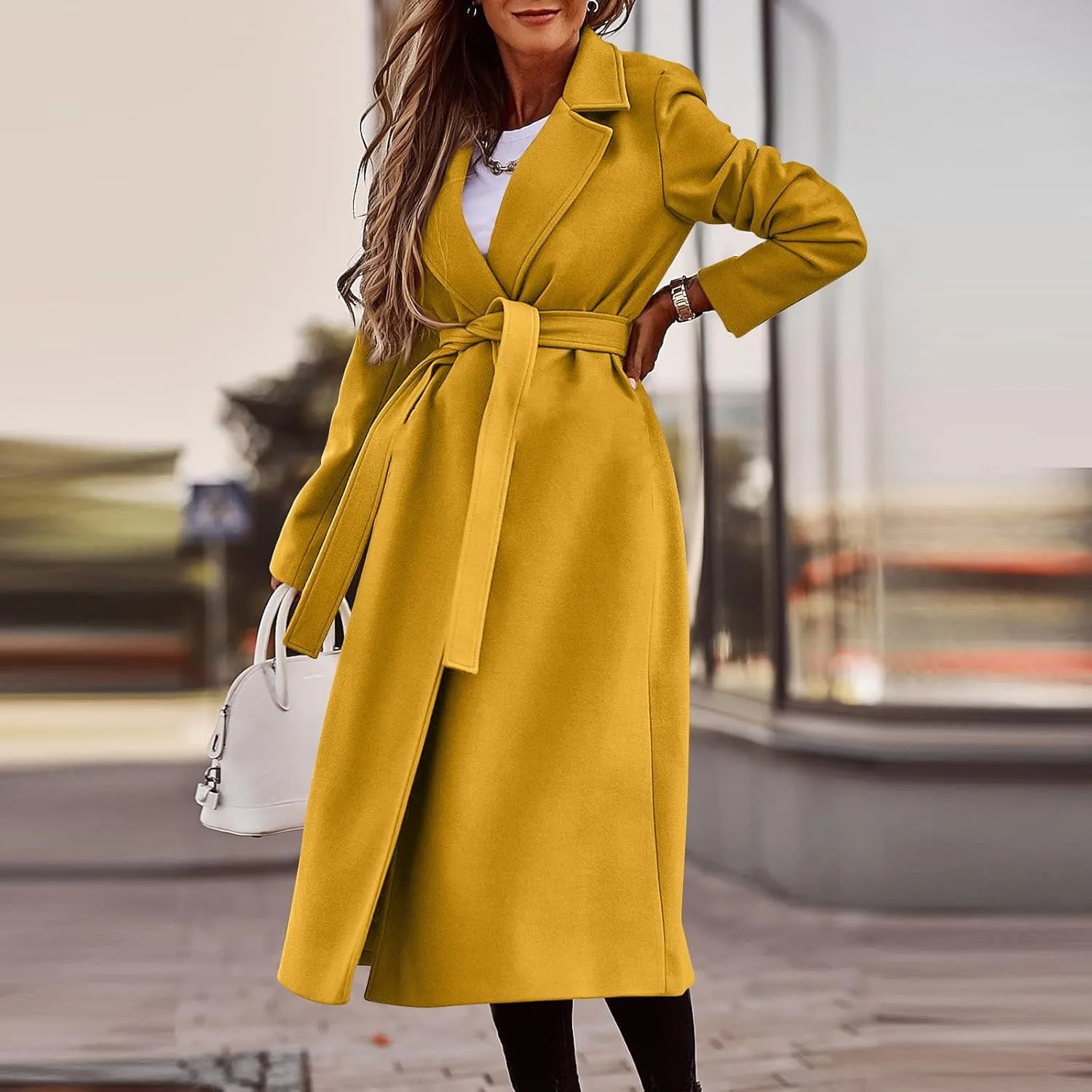 PETYCZEN Women's Trench Coats Notched Lapel Collar Wool Blend Winter Coats Casual Mid Length Pea Coats Long Jackets Overcoat