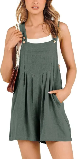 Plus Size Short Rompers for Women Linen Overall Shorts Shortalls Smocked Adjustable Straps Short Bib Overalls Jumpsuits