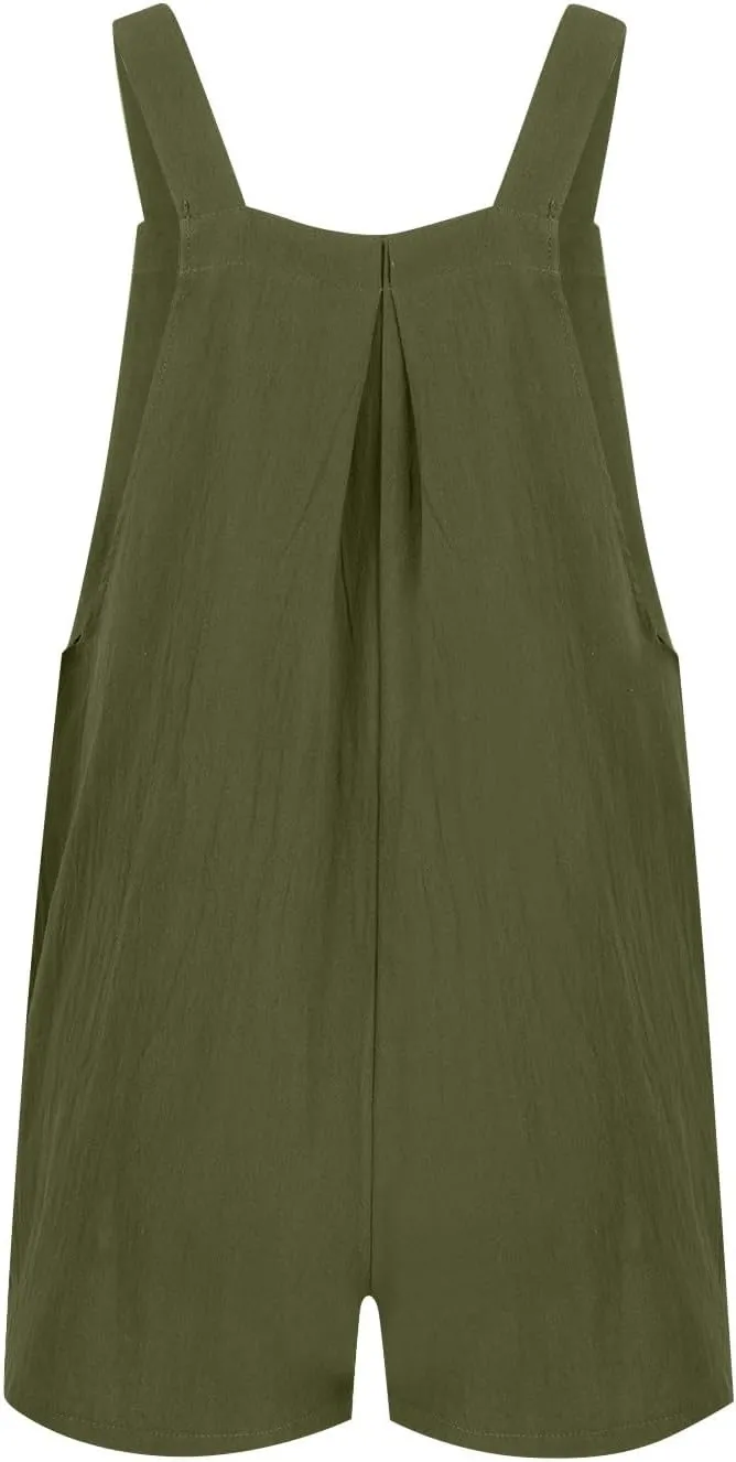 Plus Size Short Rompers for Women Linen Overall Shorts Shortalls Smocked Adjustable Straps Short Bib Overalls Jumpsuits