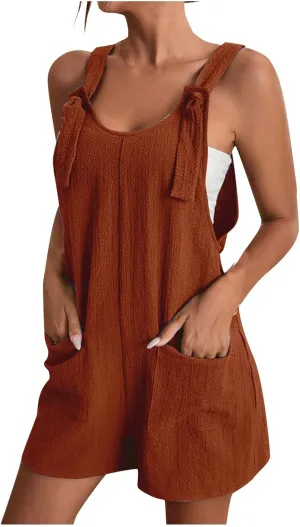 Plus Size Short Rompers for Women Linen Overall Shorts with Pockets Shortalls Adjustable Straps Short Bib Overalls Jumpsuits