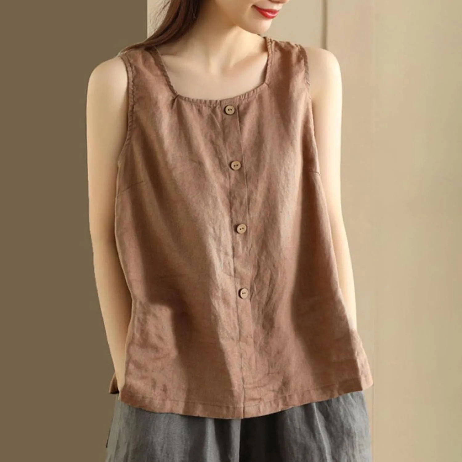 Plus Size Tank Tops Womens Summer Cotton Linen Sleeveless Button Decor Blouse Casual Fashion Loose Fit Beach Shirts