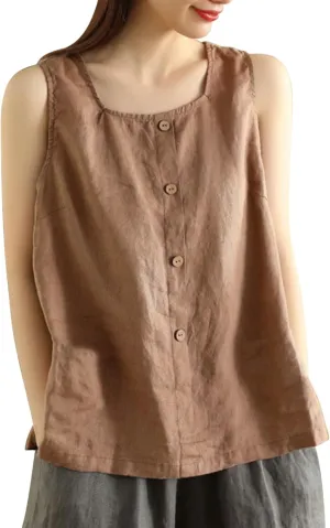 Plus Size Tank Tops Womens Summer Cotton Linen Sleeveless Button Decor Blouse Casual Fashion Loose Fit Beach Shirts
