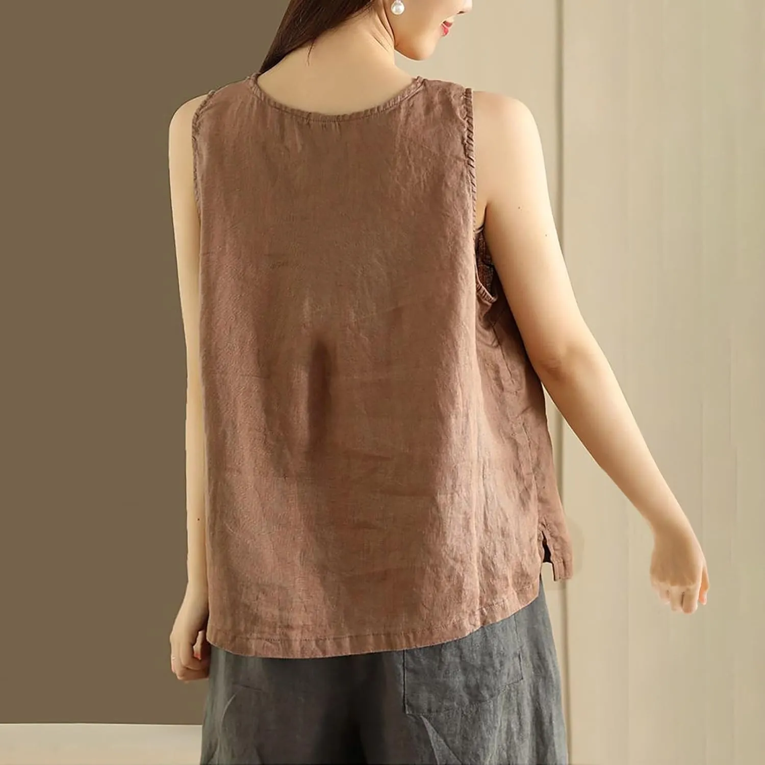 Plus Size Tank Tops Womens Summer Cotton Linen Sleeveless Button Decor Blouse Casual Fashion Loose Fit Beach Shirts