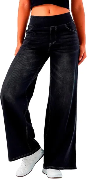 Pull On Wide Leg Jeans for Women High Waisted Stretchy Baggy Trendy Straight Leg Jeans Denim Pants